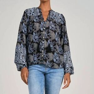 Elan Blue Floral Print V-Neck Button Up Tassel Blouse Top